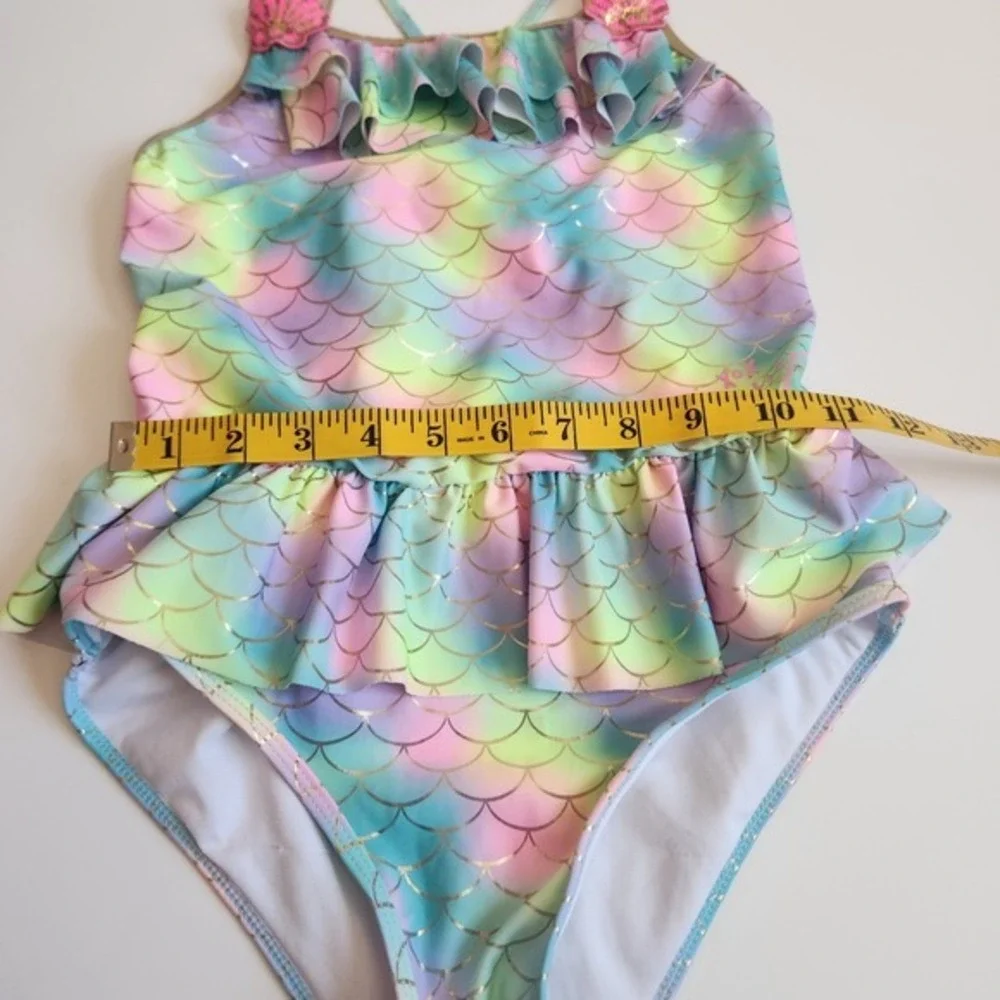 Betsey Johnson Girls XL 14 Mermaid‎ Scale Rainbow Ruffle One Piece Swimsuit Gold